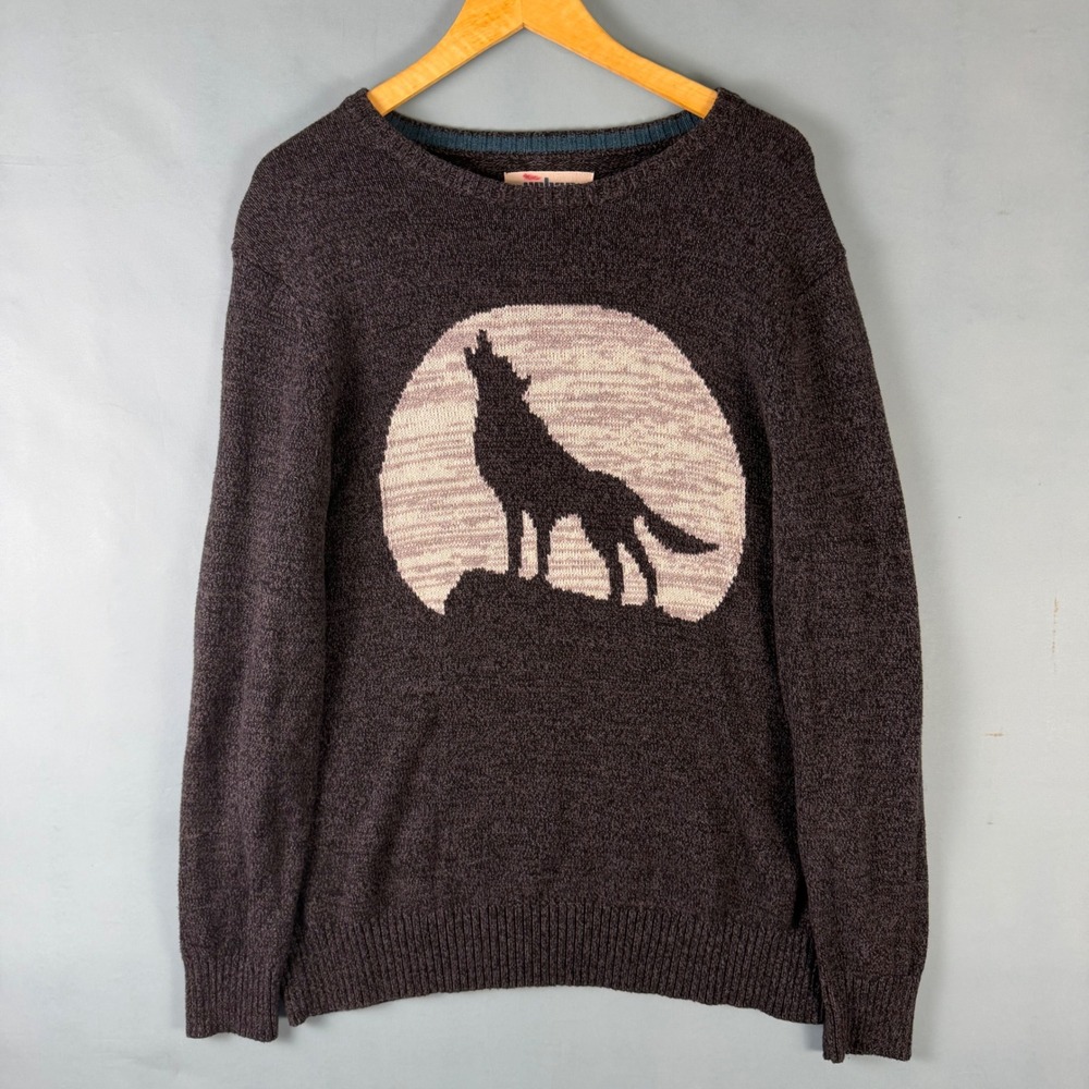 Urban Pipeline Men's XL Gray Howling Wolf Moon Knit Crewneck Sweater